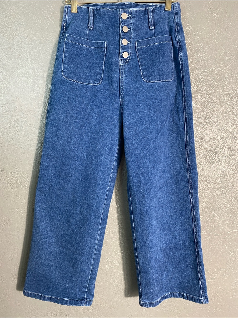 Womens High Rise Wide Leg Crop Jeans Size 4 Button Fly Patch Pocket Sailor Denim